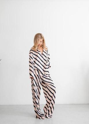 Шовкова піжама у смужку, вільна піжама рубашка і штани з шовку, костюм для дому сорочка і штани шовк