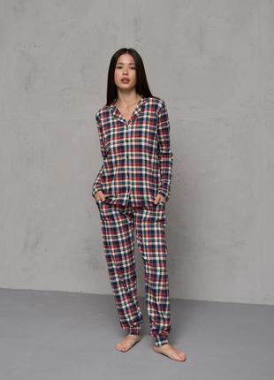 Пижама женская с брюками на пуговицах - клетка