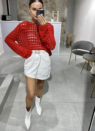 Шикарная белая джинсовая деним юбка с бантом на молнии