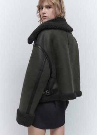 Женская дубленка хаки зара, короткая куртка авиатор, косуха2 фото