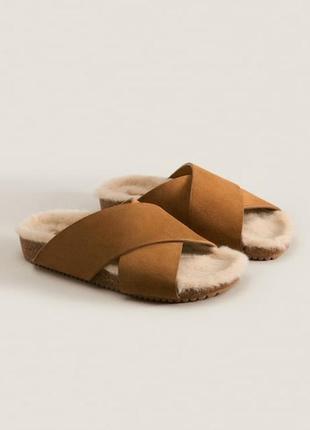 Шкіряні капці тапки тапочки кросовери zara home  в стилі сандалів зі штучного  хутра4 фото