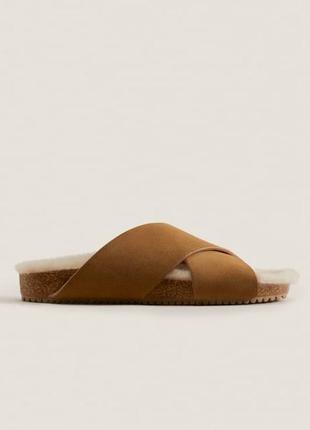 Шкіряні капці тапки тапочки кросовери zara home  в стилі сандалів зі штучного  хутра3 фото