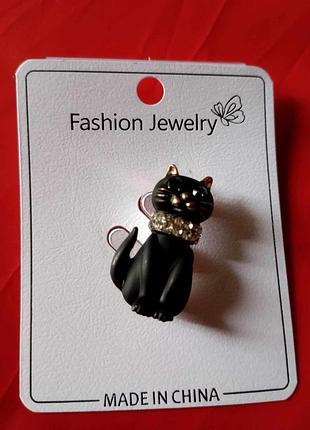 Брошка чорна кішечка з зеленими очима з кристалами