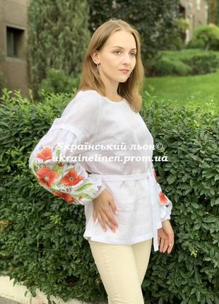 Блуза мера белая с вышивкой маки, галерея льна, льняная, 40-52рр.2 фото
