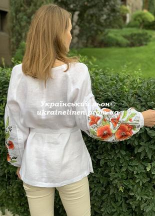 Блуза мера белая с вышивкой маки, галерея льна, льняная, 40-52рр.7 фото