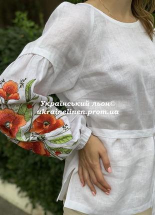 Блуза мера белая с вышивкой маки, галерея льна, льняная, 40-52рр.8 фото