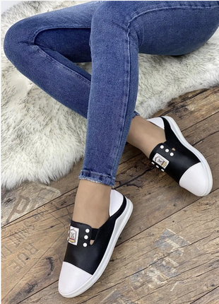 Женские слипоны кроссовки кеды черные с белым эко кожа, размеры 36,37,38,39,40,41