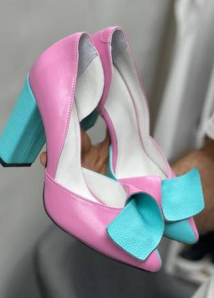 Эксклюзивные туфли лодочки из итальянской кожи и замши женские на каблуке с бантиком2 фото