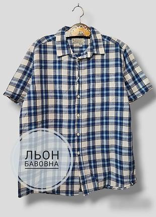 Мужская льняная тенниска в клетку рубашка с короткими рукавами лен хлопок