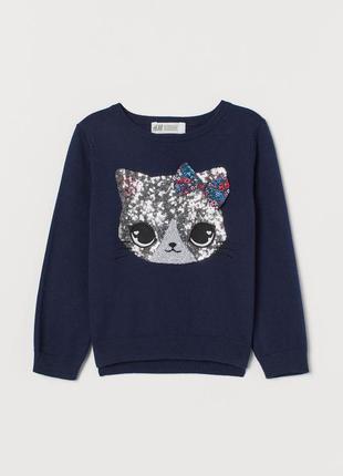 1 - 2 и 8 - 10 лет h&m фирменный натуральный новый джемпер свитер из пайеток кошка котик1 фото