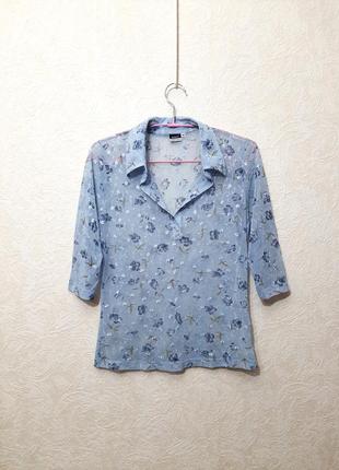 Basic германия красивая кофточка блуза голубая сетка с цветами расшивка машиннная рукав 3/4 женская1 фото