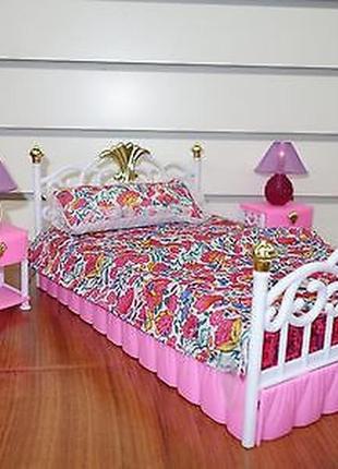Набор кукольной мебели спальня для барби, со светом, кровать, тумбы, светильник gloria 990016 фото