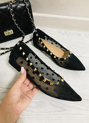 Нові жіночі легенькі стильні балетки в  стилі  valentino від shein з сіточкою та гострим носиком
