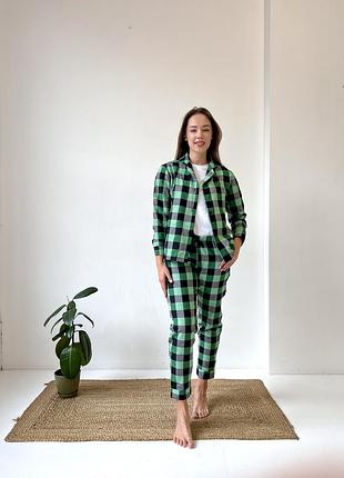 Женская пижама фланель 3-ка штаны+рубашка+футболка cosy зелёно-чёрный