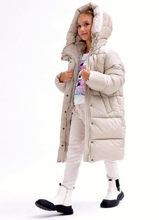 Теплая зимняя качественная детская куртка на искусственном пуху dt-8365 темный беж3 фото
