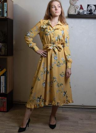 Желтое платье миди с цветочным принтом, украинского бренда mi oks.