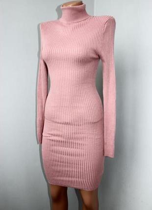 Стильне коротке стрейчевое пудровка грязно - рожеве плаття-гольф лапша в рубчик m1 фото