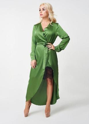 Крутое сатиновое бельевое тонкое изумрудное хаки халат-платье комбинация с кружевом м1 фото