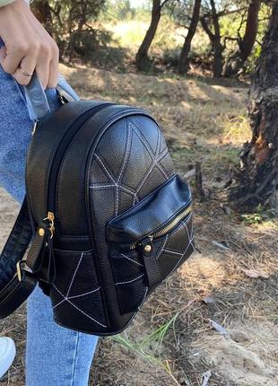 Модный детский рюкзачок, рюкзак со строчкой черный экокожа2 фото