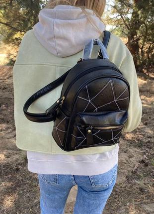 Модный детский рюкзачок, рюкзак со строчкой черный экокожа4 фото