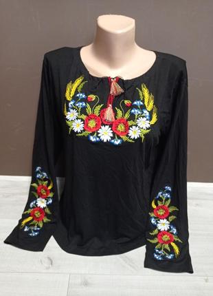Женская темно-синня блузка с вышивкой маков и рукавом 3/4 украина украинатд 50-56 размеры