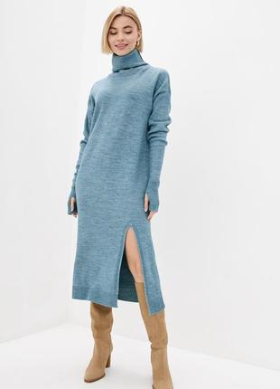 Демисезонное вязаное, оверсайз ,полушерстяное платье-свитер с разрезом5 фото