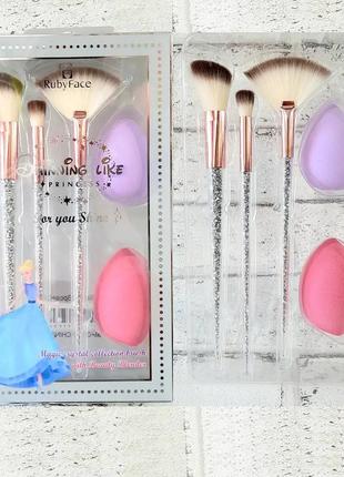 Набор кистей и спонжиков для макияжа ruby face princess (5 предметов) серебро3 фото