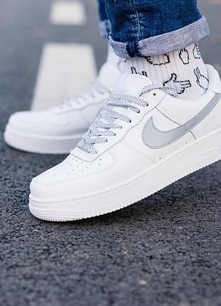 Nike air force 1 low white reflective женские/мужские кроссовки найк, белые рефлектив, кросівки найк форси білі