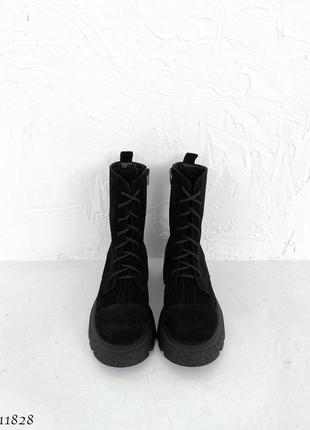 Черные натуральные замшевые демисезонные деми осенние ботинки на шнурках шнуровке толстой подошве замш осень5 фото