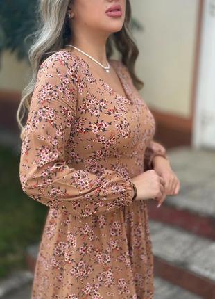 Сукня міді штапель батал з розрізом принт бежева беж