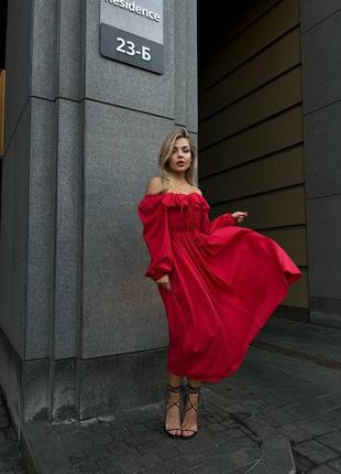 Сукня червона на завязках резинка міді гарна2 фото