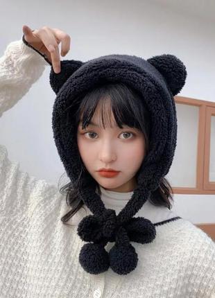 Шапка-ушанка панда с ушками (медведь, мишка, капюшон) с завязками черная, унисекс one size