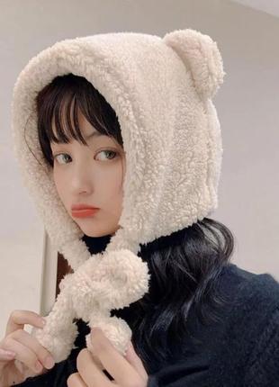 Шапка-ушанка панда с ушками (медведь, мишка, капюшон) с завязками бежевая, унисекс one size