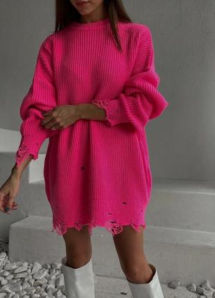 Рваная туника - вязаный свитер с порезами / оверсайз рваный свитер в цвете фукси, барби ⚜️ хит продаж 🔥2 фото