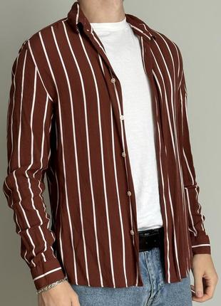 Рубашка h&m коричневая бордовая с белой полоской