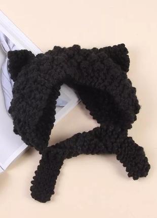 Повязка теплая вязаная кошка с ушками (кошечка, кот), унисекс черная