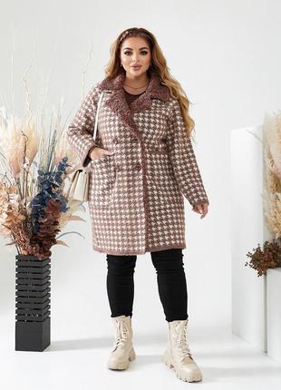 Модное женское пальто альпака принт гусиная лапка, полубатал