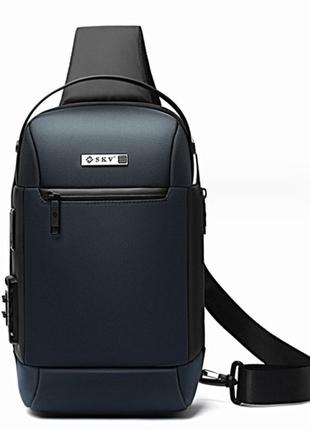 Однолямочный рюкзак сумка skv w20107 с кодовым замком usb городской влагостойкий 7л цвет синий