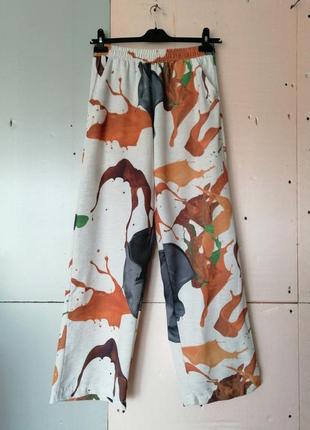 Крутые длинные летние брюки palace льняной фактуры палаццо яркий принт с карманами туречки5 фото