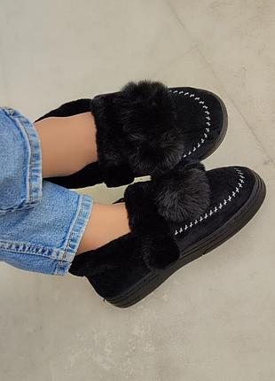 Черные теплые на меху автоледи угги тапки тапочки мокасины зимние