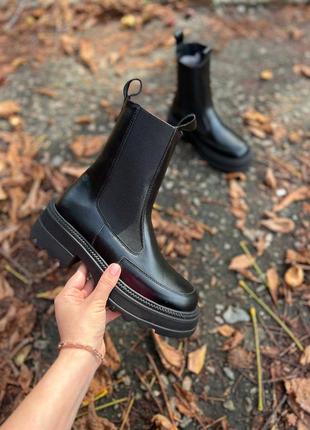 Черные натуральные кожаные осенние демисезонные деми ботинки челси с резинками на резинках толстой подошве без молнии кожа осень2 фото