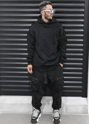Мужская оверсайз толстовка черная / повседневные молодежные худи
