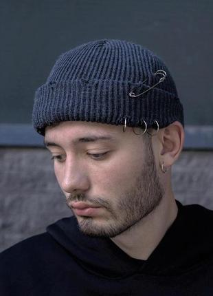 Чоловіча рвана шапка біні without destroyed темно сіра