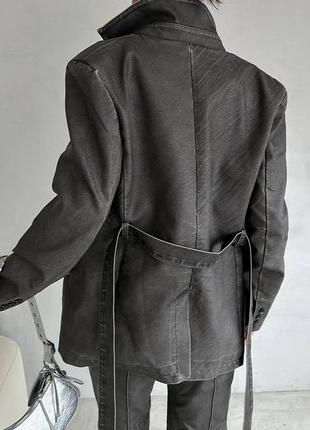 Костюм в стиле wang графит вываренный эко кожа серый жакет брюки клеш палаццо6 фото