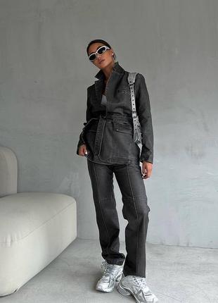 Костюм в стиле wang графит вываренный эко кожа серый жакет брюки клеш палаццо5 фото