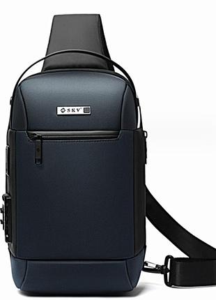 Однолямочный рюкзак сумка skv w20107 с кодовым замком usb городской влагостойкий 9л цвет синий