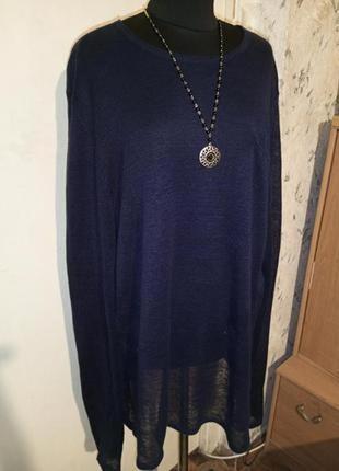 Льняная-100% лён,трикотажная,синяя блузка-лонгслив с карманом,большого размера,esprit1 фото