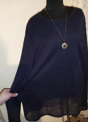 Льняная-100% лён,трикотажная,синяя блузка-лонгслив с карманом,большого размера,esprit3 фото