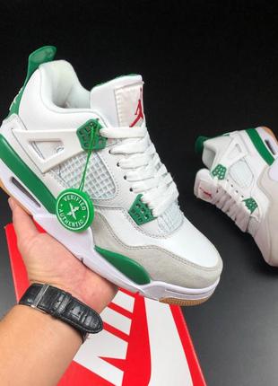 Женские кроссовки nike air jordan 4 retro кожаные белые зеленые