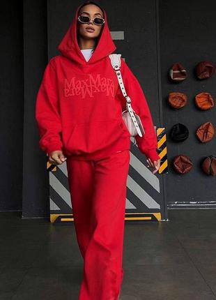Костюм спортивный женский оверсайз худи с капишоном с принтом брюки свободного кроя на высокой посадке с карманами красный бежевый